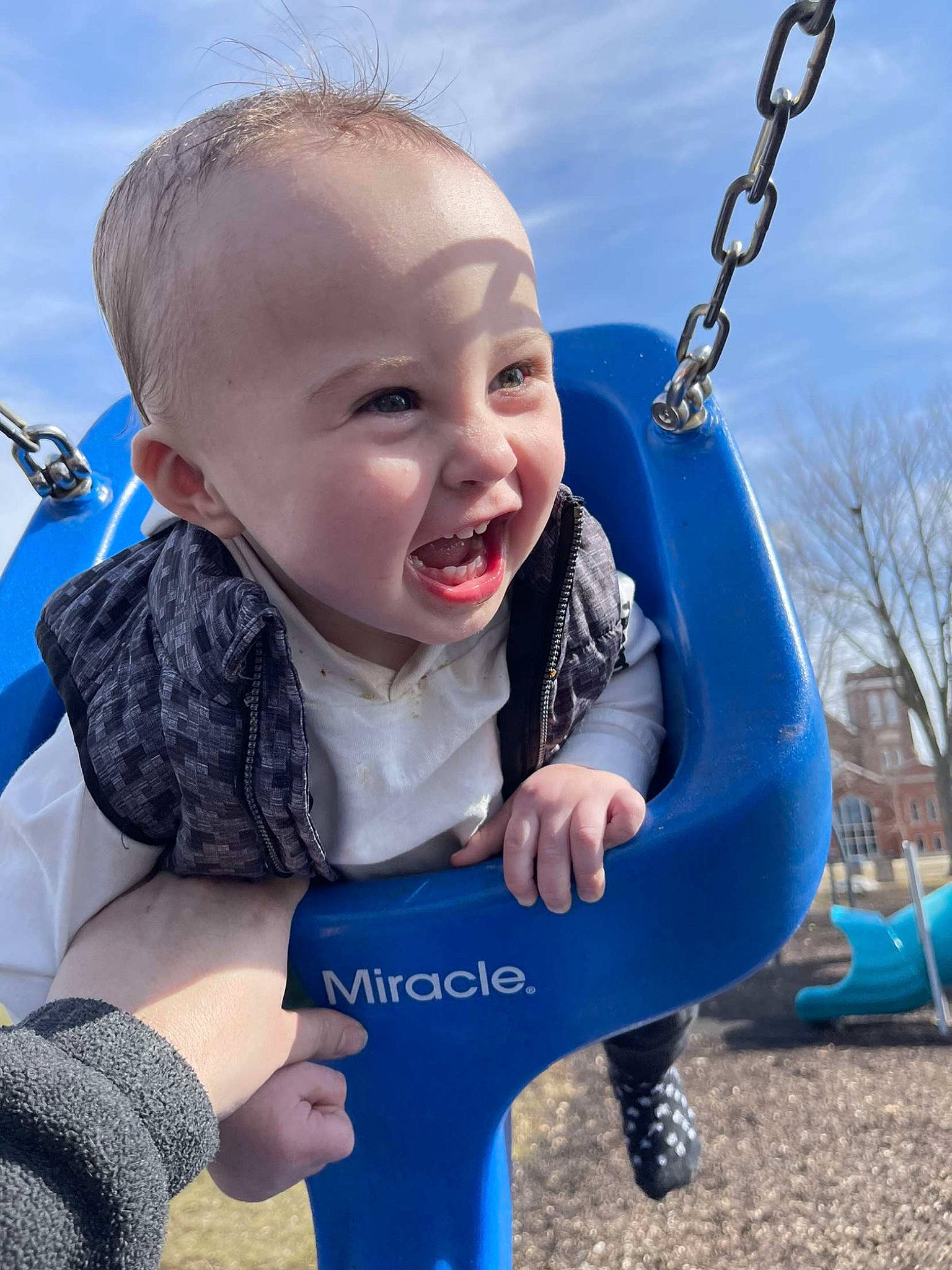 Hayden joined the competition — help win amazing prizes! arm, azure, baby_toddler_clothing, blue, cloud, eye, facial_expression, finger, gesture, hand, happy, person, photograph, product, skin, sky, smile, standing, swing, toddler