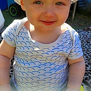George joined the competition — help win amazing prizes! toddler, child, smiling, hat, bucket_hat, shirt, patterned_clothing, outdoor, sunlight, blanket, leopard_print, baby, face, portrait, sitting, happy, cute, daylight, skin, person