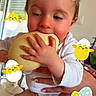 Isaak participe au concours pour gagner de l'argent avec cette photo : baby, bow, cartoon_chick, cartoon_egg, child, cute, easter, egg, face, green_bow, hand, holding, indoor, person, red_bow, sitting, smiling, table, white_clothing, yellow_egg