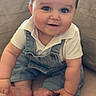 Matteo participe au concours pour gagner de l'argent avec cette photo : baby, child, infant, blue_eyes, denim_overalls, white_shirt, sitting, cute, chubby_cheeks, hands, feet, skin, portrait, indoors, soft_light, curious_expression, young, person, candid, closeup