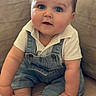 baby, child, blue_eyes, denim_overalls, white_polo, sitting, couch, indoor, cute, chubby_cheeks, portrait, infant, hands, feet, skin, face, curious, expression, clothing, casual