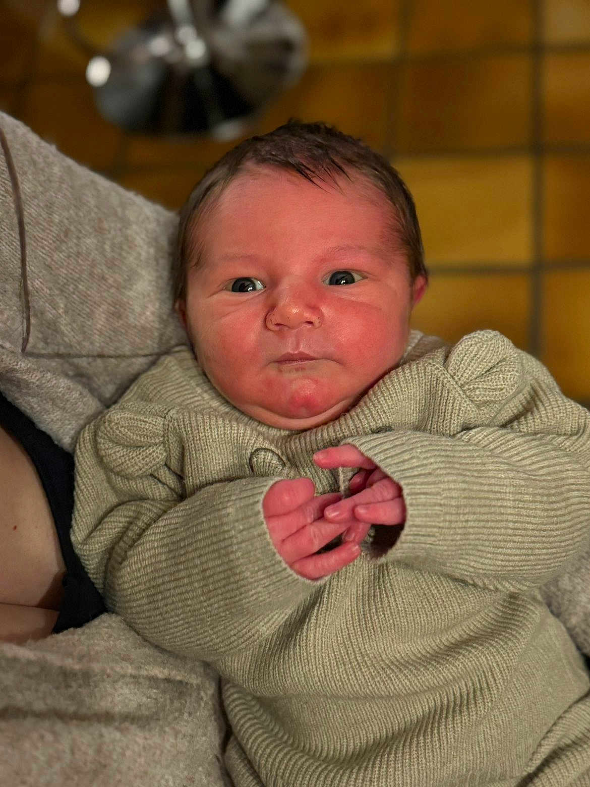 Hugo participe au concours pour gagner de l'argent avec cette photo : newborn, baby, infant, sweater, hands, face, person, portrait, indoors, closeup, skin, expression, warm_lighting, cozy, cute, young_child, knitwear, human, head, candid