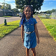Queen joined the competition — help win amazing prizes! child, girl, smiling, outdoor, portrait, denim_dress, braids, hair_accessories, blue_hair, sunglasses, belt, sandals, fashion, park, path, suburban, trees, sunny, playground, full_body