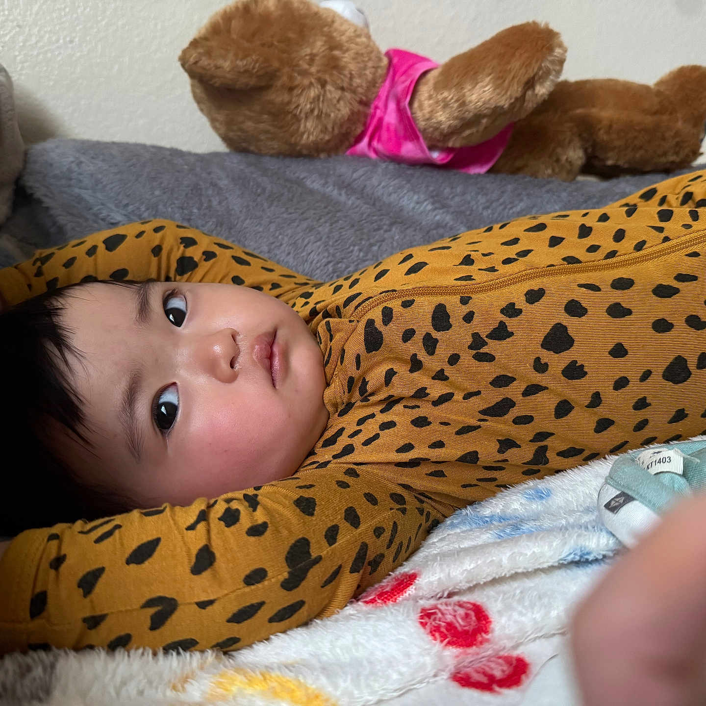Ria is registered to the contest to win money with this photo: baby, bed, blanket, child, comfort, cozy, cute, expression, face, indoors, infant, leopard_print, lying_down, onesie, plush_toy, portrait, resting, sleepwear, soft_texture, teddy_bear