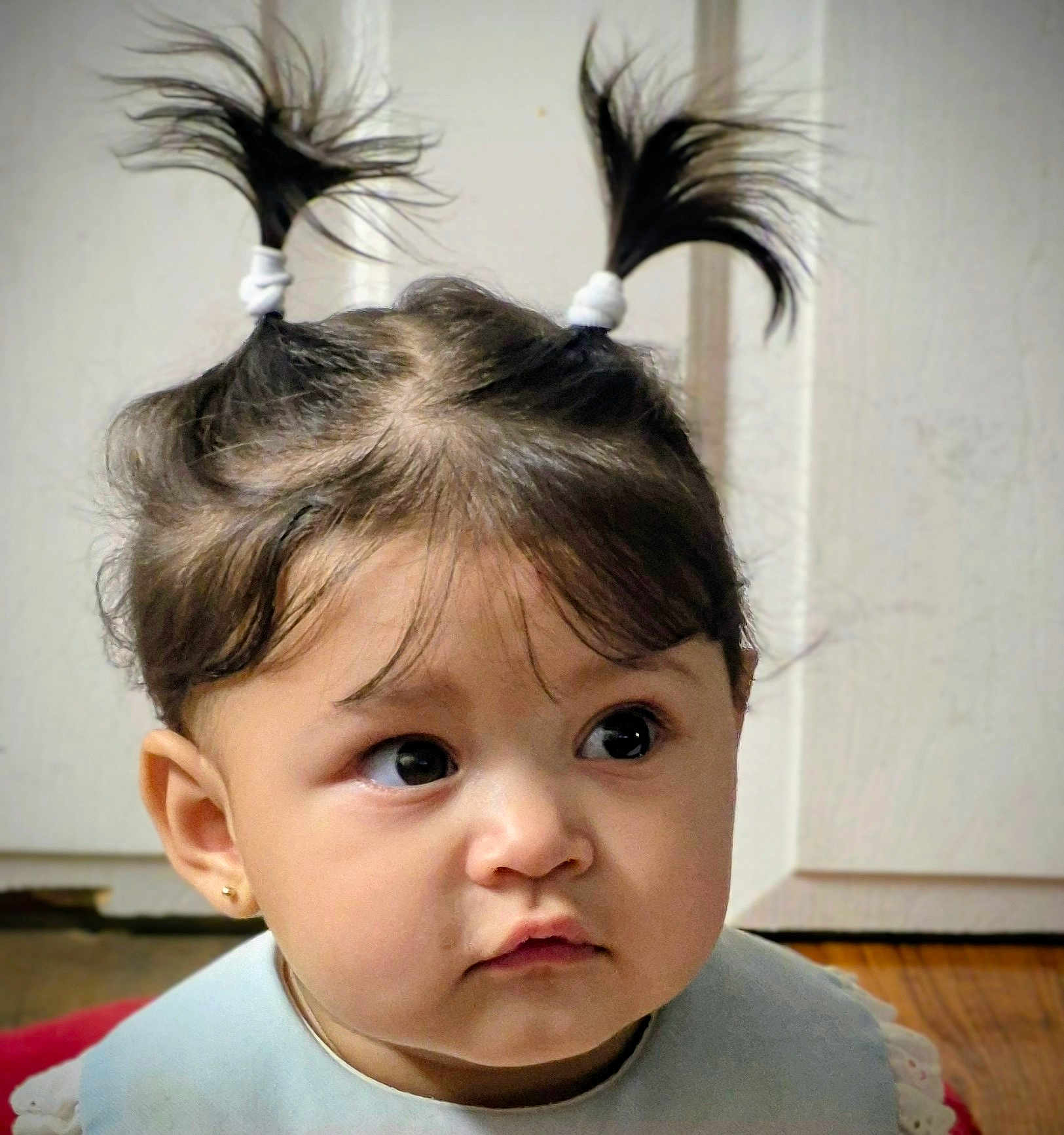 Ari Natasha is registered to the contest to win money with this photo: toddler, child, face, pigtails, hair, baby, expression, indoors, curious, young_child, earrings, clothing, portrait, person, cute, baby_girl, skin, head, closeup, looking_away