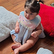 Ari Natasha joined the competition — help win amazing prizes! toddler, child, baby, pigtails, indoor, wooden_floor, cushions, pastel_bib, dress, sitting, barefoot, curious, soft_toys, floor, cute, young_child, person, portrait, home, cozy