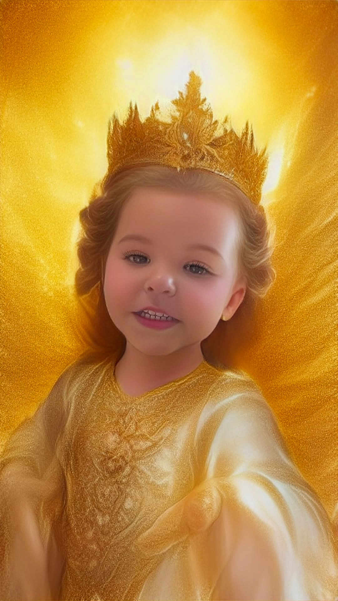 Luna joined the competition — help win amazing prizes! child, crown, golden, royalty, portrait, glowing, fantasy, costume, dress, smiling, face, young, glitter, shimmer, bright, glow, magic, fairy_tale, happy, person