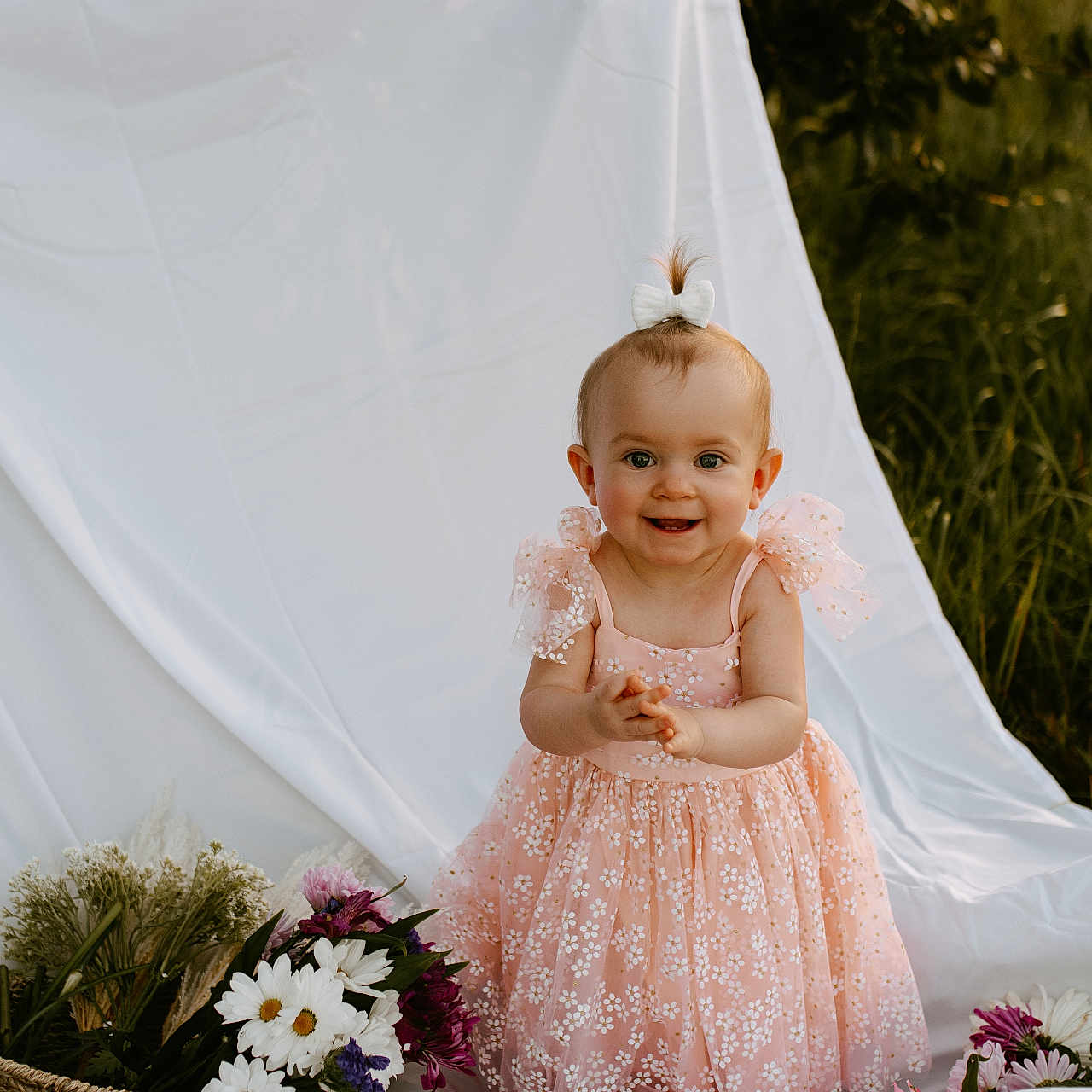 Lynnen joined the competition — help win amazing prizes! baby, bodypart, clothing, daisy, dress, face, finger, flower, flowerarrangement, flowerbouquet, formalwear, hand, happy, head, person, petal, photography, plant, portrait, smile