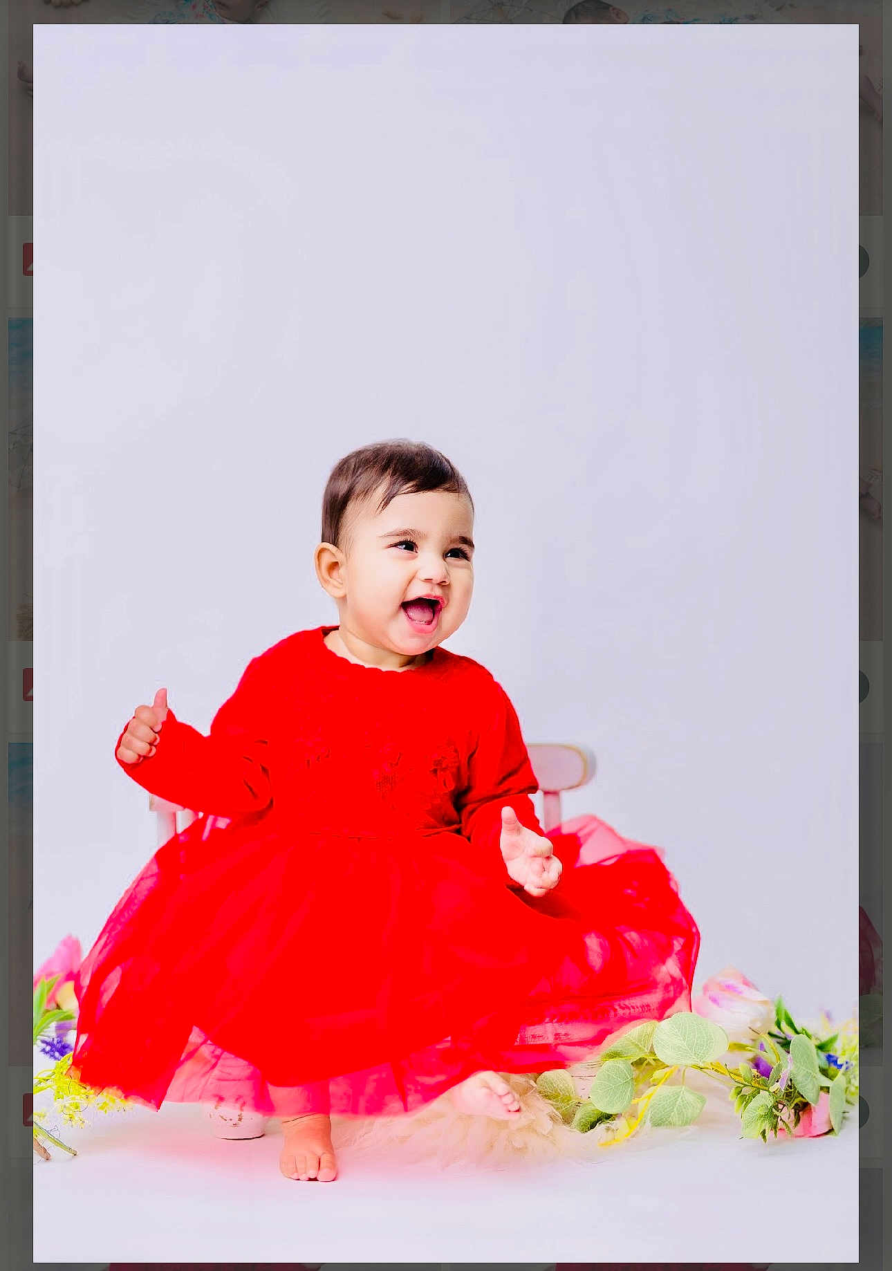 Arjoyi Kaur joined the competition — help win amazing prizes! baby, child, red_dress, smiling, happy, sitting, chair, flowers, barefoot, portrait, cute, toddler, indoor, studio, innocence, joy, celebration, bright, colorful, fashion