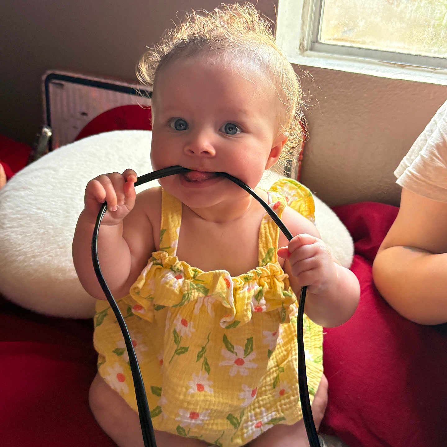 Xiamara joined the competition — help win amazing prizes! accessories, baby, bodypart, clothing, couch, eating, face, finger, food, footwear, furniture, hand, head, homedecor, person, photography, portrait, shoe, sitting, strap