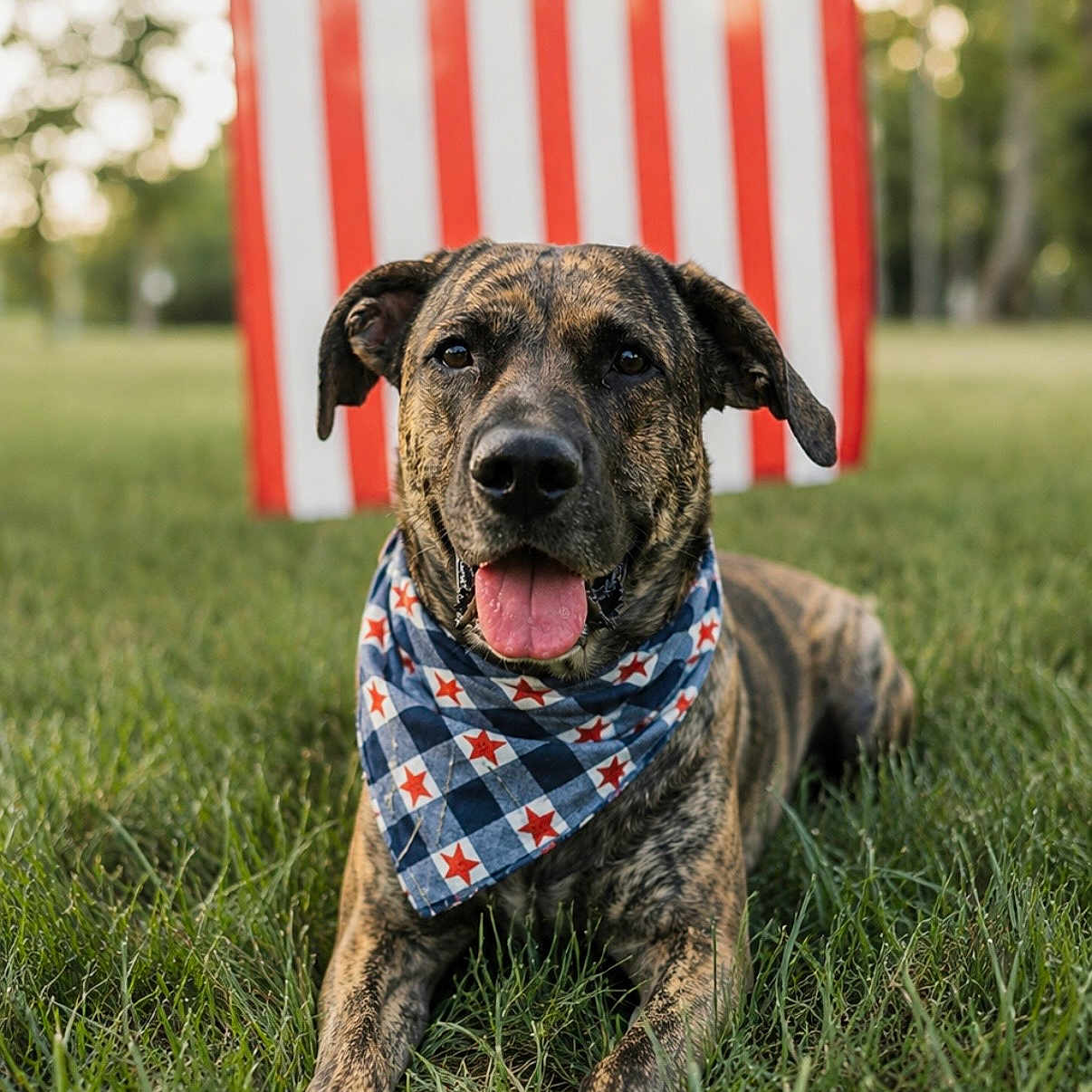 Stel is registered to the contest to win money with this photo: dog, brindle_dog, canine, pet, animal, outdoor, grass, lawn, american_flag, patriotic, bandana, stars, red_white_blue, portrait, sitting, lying_down, open_mouth, tongue, front_facing, backyard