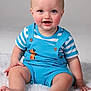 baby, child, toddler, blue_clothing, striped_shirt, sitting, smiling, face, cheeks, feet, hands, fluffy_rug, studio, cute, happy, portrait, indoor, person, eyebrows, skin