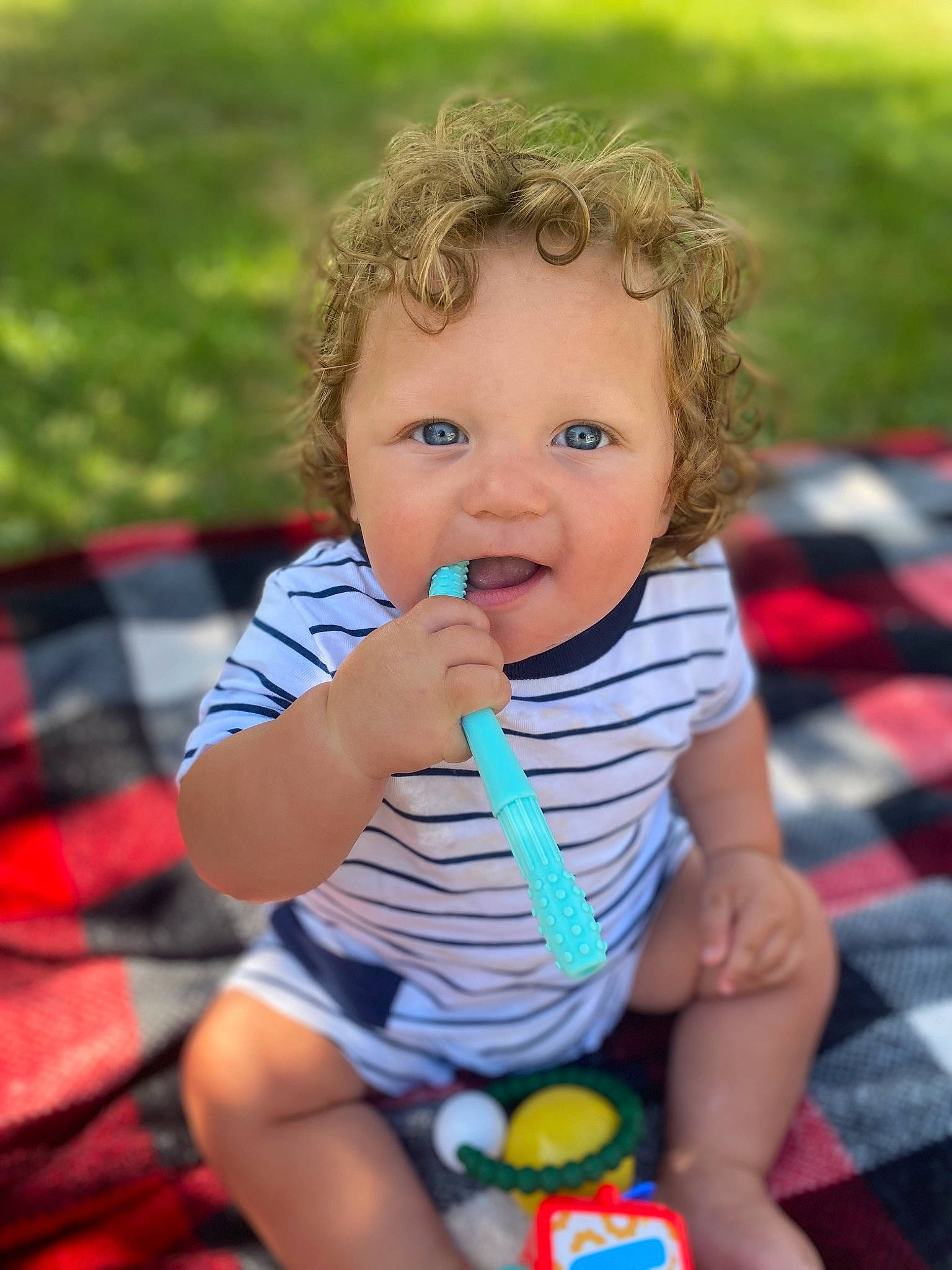 Lux is registered to the contest to win money with this photo: baby, baby_toddler_clothing, cheek, child, eye, face, facial_expression, finger, fun, grass, hand, happy, head, nose, people, person, skin, summer, tartan, toddler