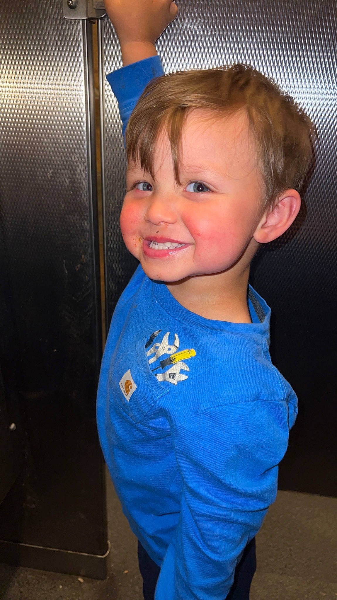 Winston is registered to the contest to win money with this photo: baby, baby_toddler_clothing, blue, cheek, child, chin, cool, electric_blue, eye, face, fun, hair, happy, iris, joy, nose, person, sleeve, smile, standing