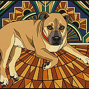 Oliver is registered to the contest to win money with this photo: dog, animal, digital_art, illustration, stylized, art_deco, mosaic, stained_glass, geometric_pattern, sunburst, brown_coat, tan_coat, paws, face, eyes, nose, ears, collar, lying_down, decorative_floor