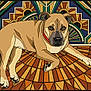 dog, animal, digital_art, illustration, stylized, art_deco, mosaic, stained_glass, geometric_pattern, sunburst, brown_coat, tan_coat, paws, face, eyes, nose, ears, collar, lying_down, decorative_floor