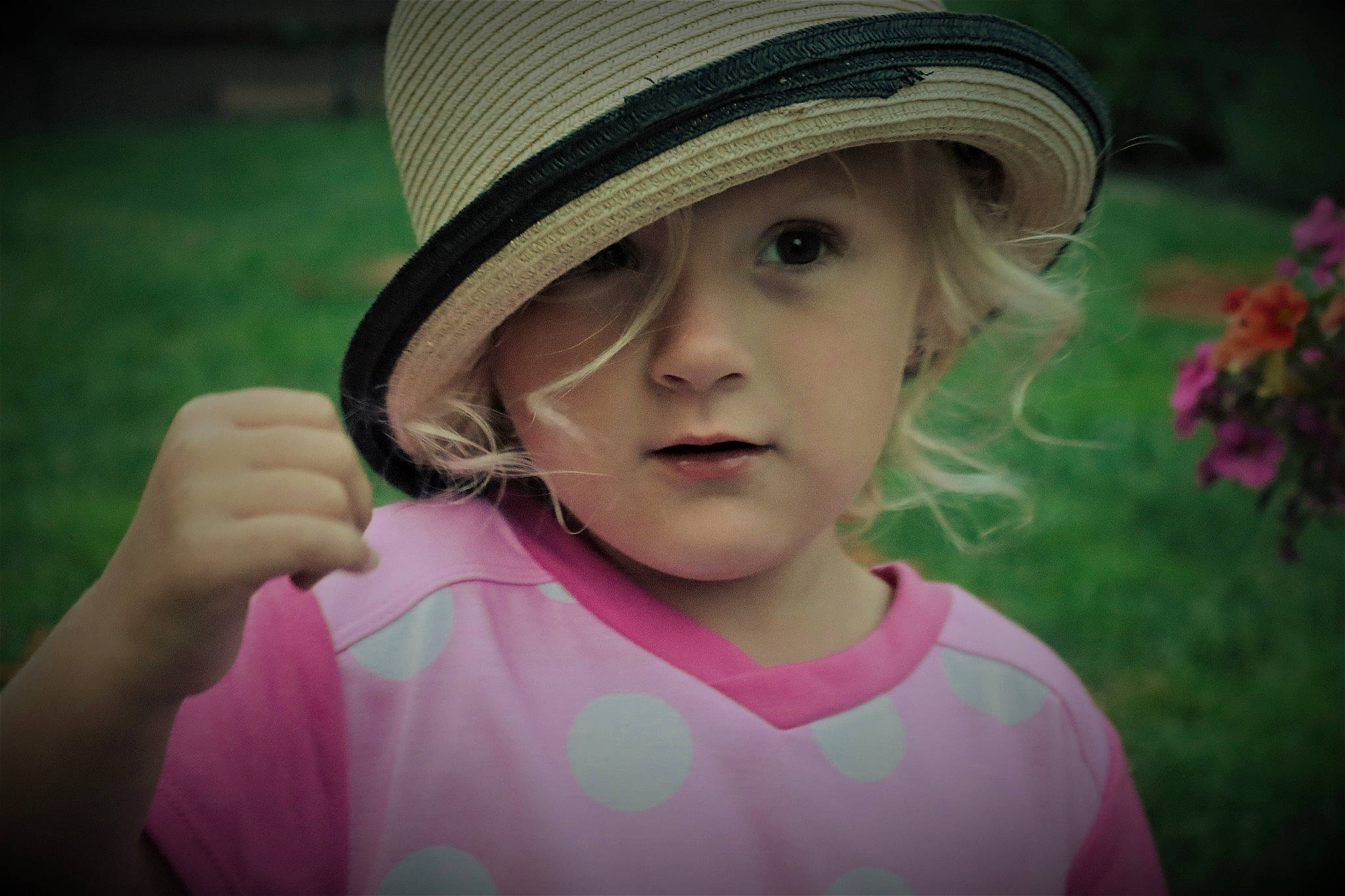 Alana is registered to the contest to win money with this photo: cool, eye, eyebrow, face, flash_photography, flower, grass, hair, happy, hat, head, headgear, headwear, iris, lip, mouth, people_in_nature, person, plant, skin