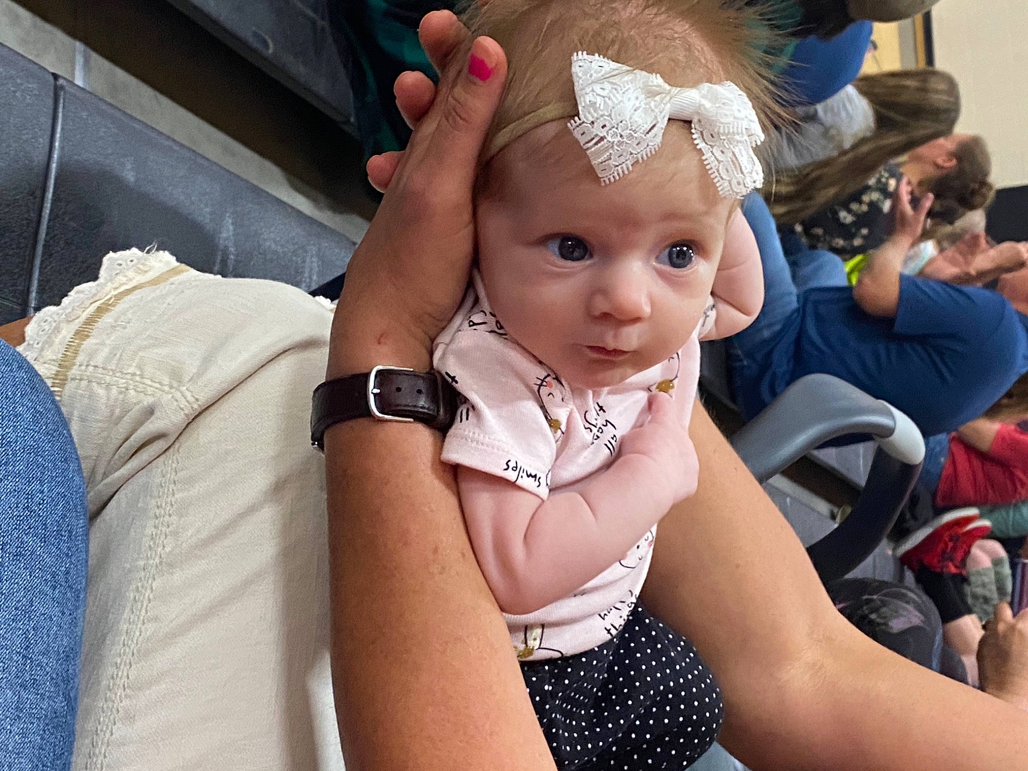 Wrenley joined the competition — help win amazing prizes! baby, baby_toddler_clothing, blue, cap, child, event, eyelash, fashion_accessory, fun, gesture, happy, headband, headgear, headpiece, headwear, jewellery, leisure, person, recreation, sitting