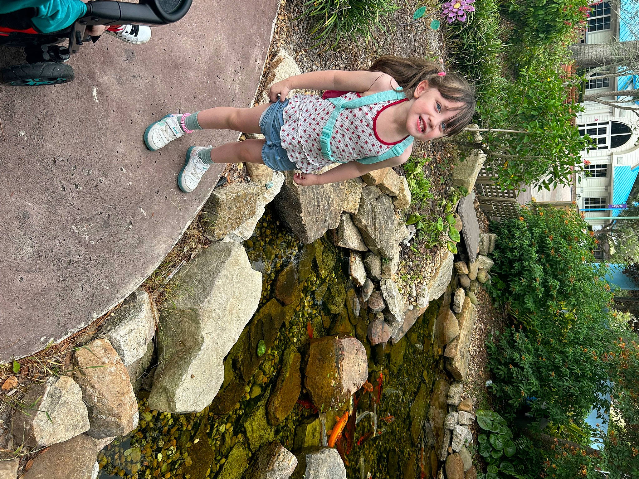 Sapphire is registered to the contest to win money with this photo: asphalt, bedrock, fun, grass, human_leg, joy, leg, leisure, people_in_nature, person, plant, recreation, road_surface, sandal, shorts, sidewalk, soil, thigh, toddler, tree