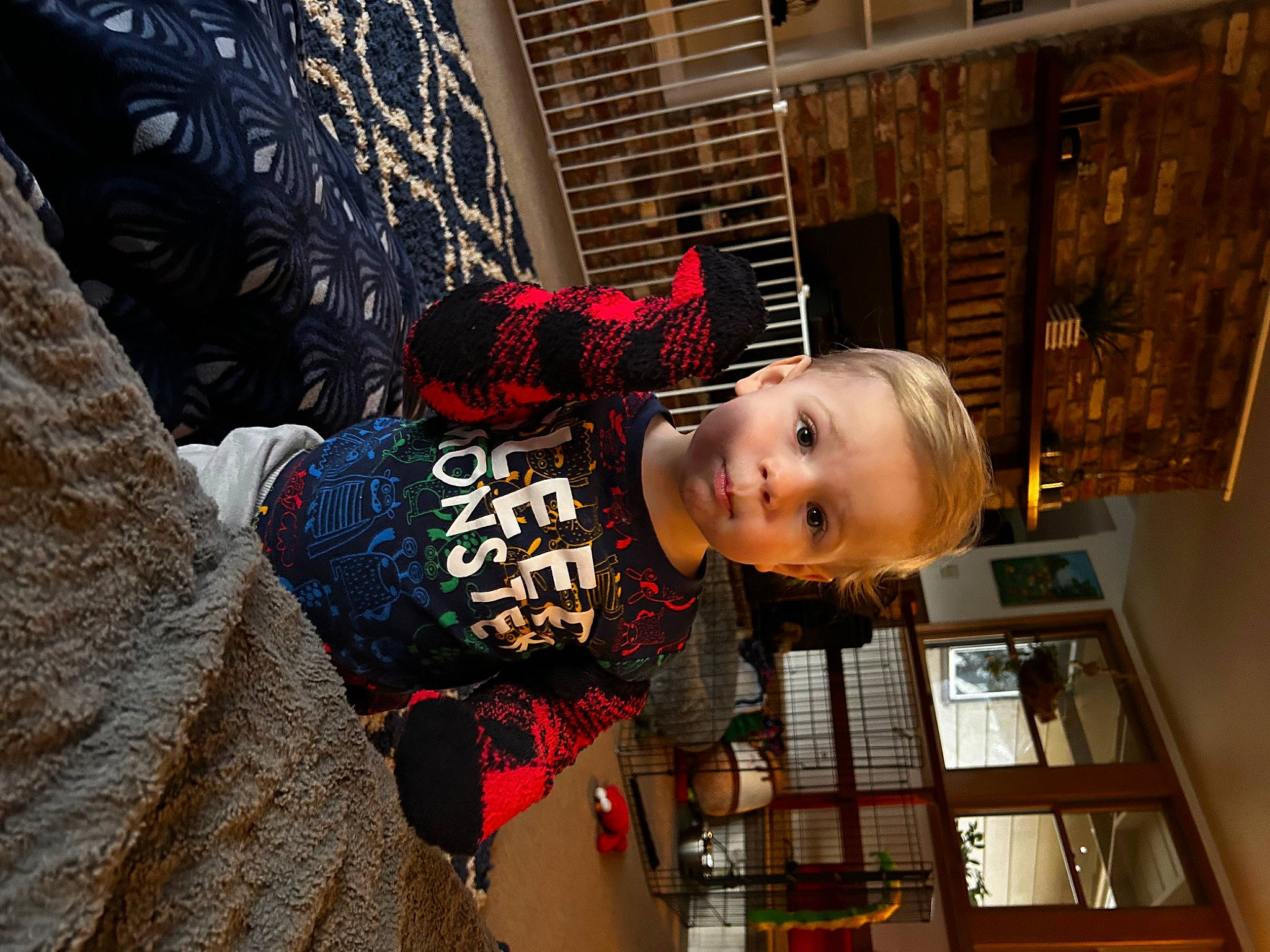 Judah joined the competition — help win amazing prizes! baby, child, flooring, fun, leisure, pattern, person, room, smile, t_shirt, toddler, tree, window, wood