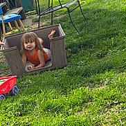 Oaklyn is registered to the contest to win money with this photo: backyard, ball, barefoot, casual, chair, child, daylight, fun, grass, greenery, lawn_chair, messy, orange_clothing, outdoor, plastic_bin, play, relaxed, summer, toddler, toy
