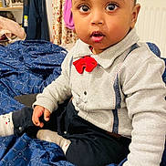 Riyansh participe au concours pour gagner de l'argent avec cette photo : baby, child, indoor, blue_blanket, clothing, red_bow_tie, curious_expression, face, hand, sitting, patterned_blanket, furniture, person, portrait, cozy, room, curtain, socks, long_sleeve, young_child