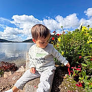 Kelyo participe au concours pour gagner de l'argent avec cette photo : child, toddler, sitting, lake, water, clouds, sky, flowers, plants, greenery, stone, nature, outdoor, sunlight, casual_clothing, curious, daytime, red_flowers, grey_pants, sweatshirt