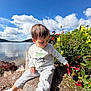 child, toddler, sitting, lake, water, clouds, sky, flowers, plants, greenery, stone, nature, outdoor, sunlight, casual_clothing, curious, daytime, red_flowers, grey_pants, sweatshirt