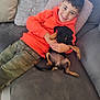 boy, brown_eyes, camouflage_pants, casual_clothing, child, couch, cozy, dog, floor_tiles, happy, home, indoor, orange_hoodie, pet, pillow, puppy, relaxed, short_hair, smiling, young