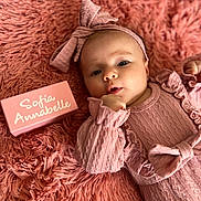 Sofia joined the competition — help win amazing prizes! adorable, baby, blanket, child, clothing, cozy, cute, face, hand, headband, indoor, infant, lying_down, name_block, newborn, pink, portrait, soft, texture, young_child