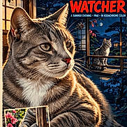 Onyx joined the competition — help win amazing prizes! cat, tabby_cat, second_cat, animal, pet, close_up, portrait, whiskers, ears, green_eyes, striped_fur, window, night, garden, flowers, moonlight, indoor, outdoor, illustration, poster