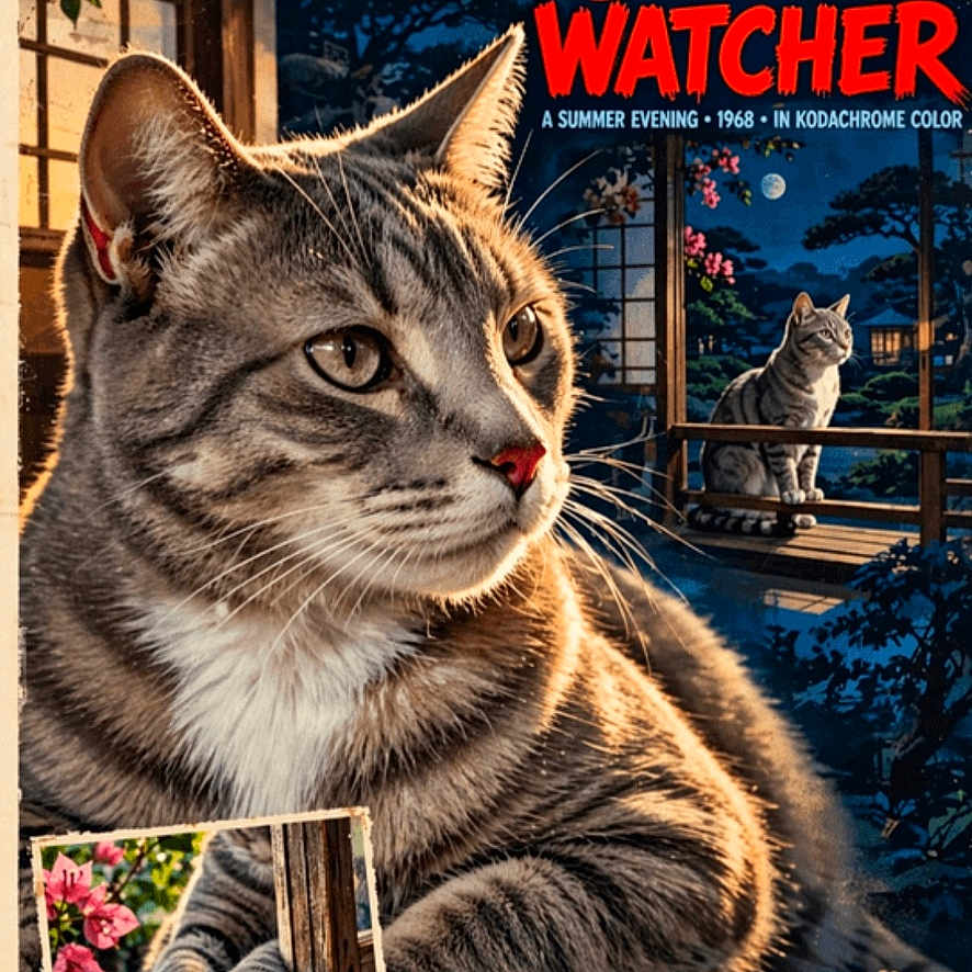 Onyx joined the competition — help win amazing prizes! cat, tabby_cat, second_cat, animal, pet, close_up, portrait, whiskers, ears, green_eyes, striped_fur, window, night, garden, flowers, moonlight, indoor, outdoor, illustration, poster