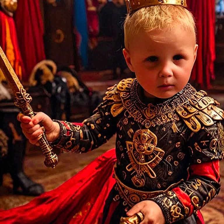 Yanael participe au concours pour gagner de l'argent avec cette photo : armor, blond_hair, child, costume, crown, decor, fantasy, historic, indoor, king, medieval, person, play, portrait, red_cloak, royalty, serious, sword, toy, young