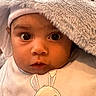 baby, child, blanket, hood, bib, cute, wide_eyes, face, indoor, window, car, parking_lot, animal_design, clothing, expression, portrait, infant, soft_texture, warm, cozy