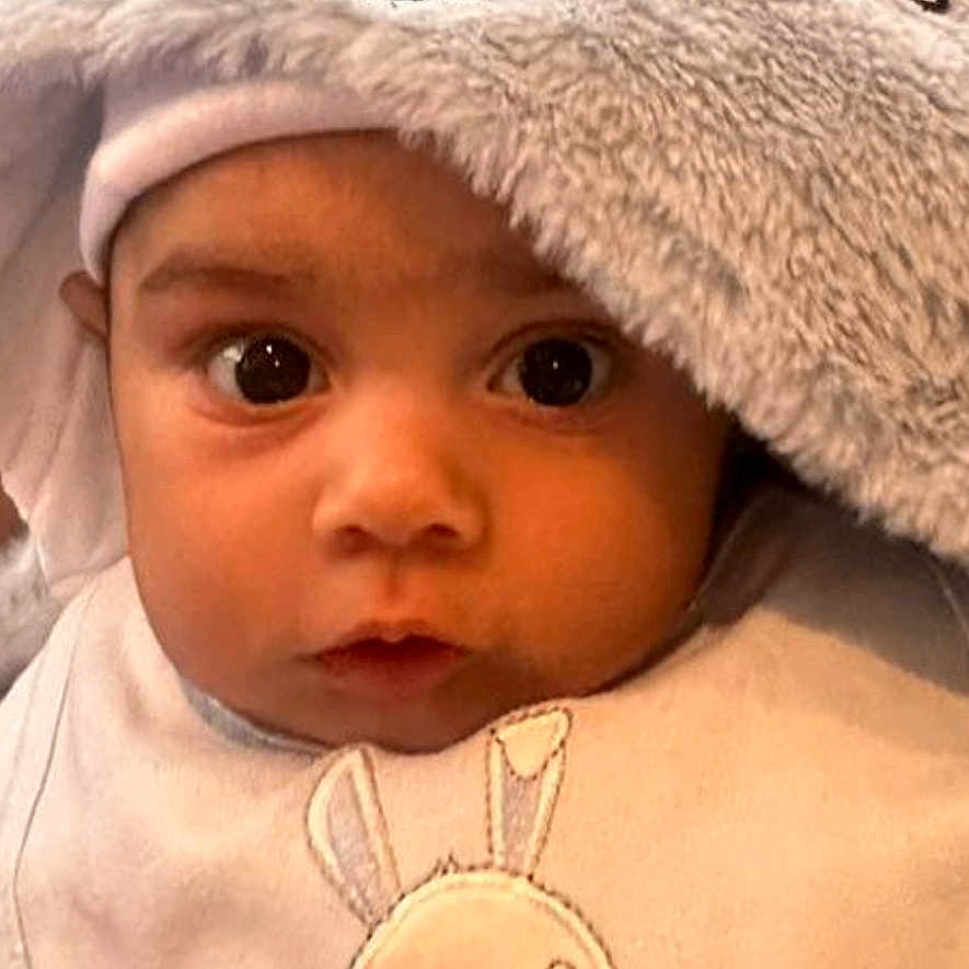 Denyal is registered to the contest to win money with this photo: baby, child, blanket, hood, bib, cute, wide_eyes, face, indoor, window, car, parking_lot, animal_design, clothing, expression, portrait, infant, soft_texture, warm, cozy
