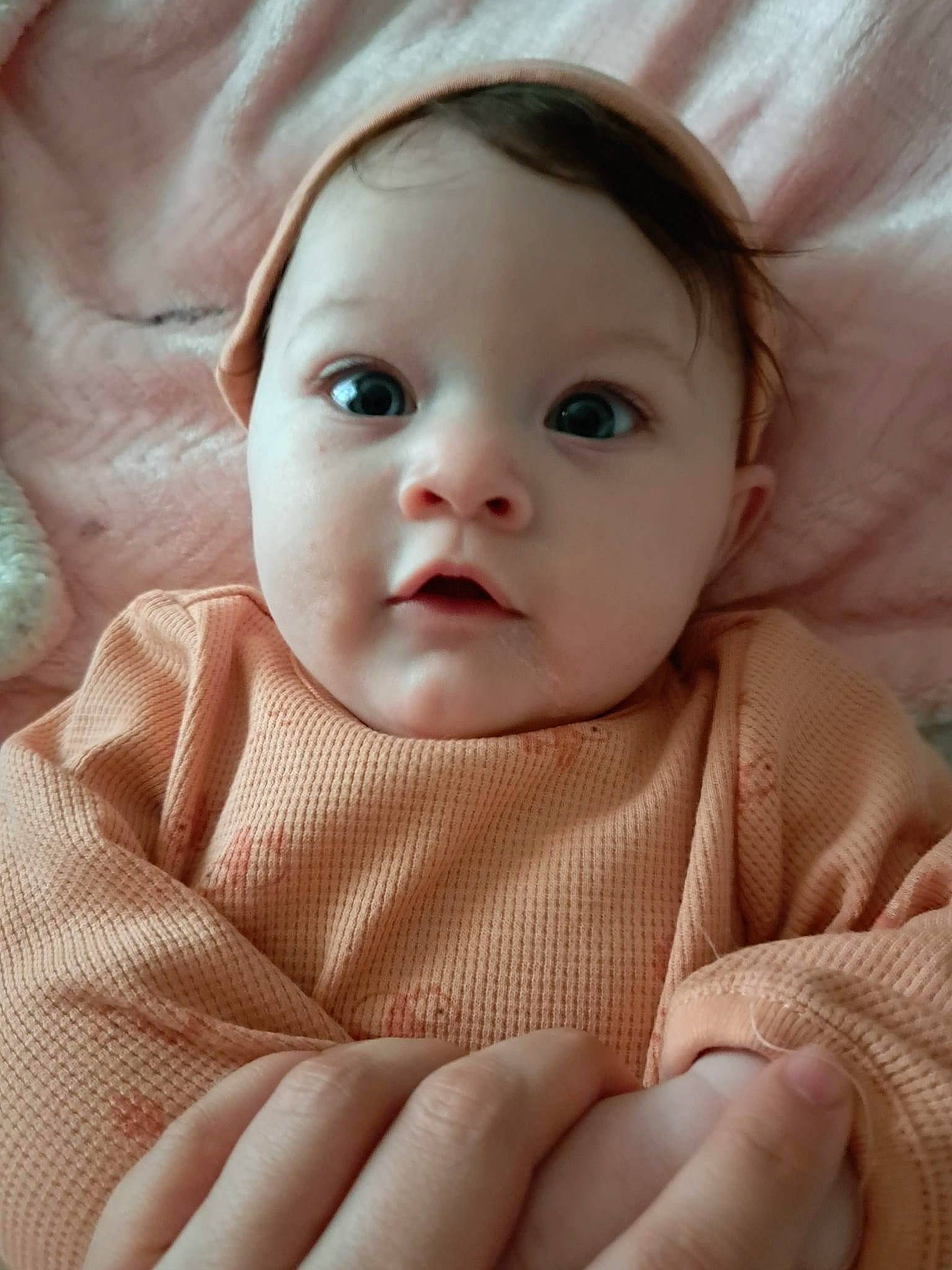 Adalina joined the competition — help win amazing prizes! baby, baby_toddler_clothing, cheek, child, chin, comfort, eyebrow, eyelash, finger, gesture, iris, linens, lip, nail, nose, person, pink, skin, sleeve, thumb