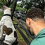 dog, man, bench, park, tree, heart_shape, haircut, fur_pattern, outdoor, side_view, greenery, casual_clothing, leash, earring, curly_hair, urban, daytime, nature, pet, companion