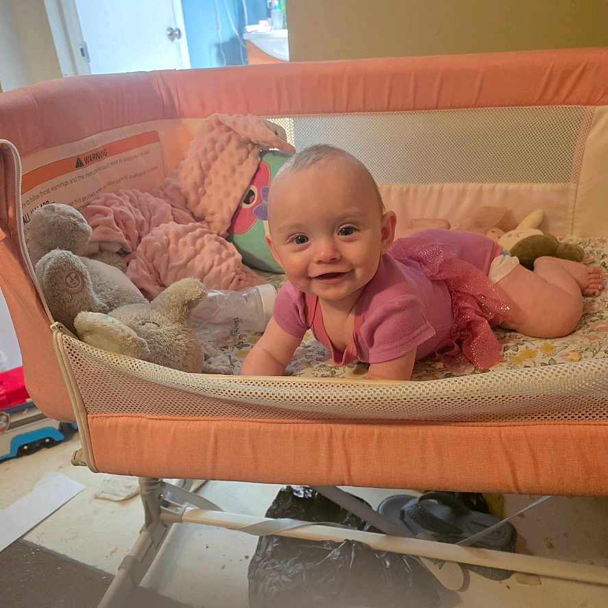 Leela joined the competition — help win amazing prizes! baby, playpen, pink_outfit, smiling, soft_toys, indoor, child, face, happy, home, floor, blanket, person, infant, furniture, cushion, portrait, toddler, toy, room