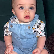 Djayane participe au concours pour gagner de l'argent avec cette photo : baby, blanket, blue_eyes, child, chubby_arms, clothing, curious, cute, denim_overalls, expression, face, head, indoor, infant, legs, mickey_mouse, person, shirt, sitting, soft