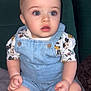 baby, child, denim_overalls, mickey_mouse, shirt, blue_eyes, sitting, blanket, indoor, curious, cute, infant, chubby_arms, expression, person, clothing, face, head, legs, soft