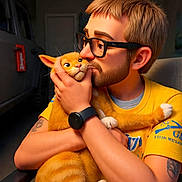 Chase is registered to the contest to win money with this photo: man, glasses, beard, yellow_shirt, tattoo, watch, orange_cat, cat, pet, indoor, chair, affection, hug, kiss, fur, animal, portrait, warm_lighting, close_up, love
