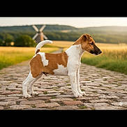 Aston a rejoint le concours — aidez-le/la à gagner de superbes lots ! dog, puppy, brown_and_white, standing, countryside, cobblestone_path, windmill, green_fields, nature, outdoor, sunset, golden_hour, animal, pet, canine, grass, rural, scenic, young_dog, side_view