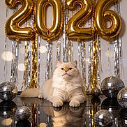 Leo is registered to the contest to win money with this photo: cat, fluffy_cat, cream_colored_cat, disco_balls, reflective_surface, gold_balloons, 2026, party_decorations, streamers, festive, celebration, indoor, cute_cat, relaxed_cat, reflection, shiny, decor, holiday, animal, pet