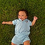 Bentley is registered to the contest to win money with this photo: toddler, child, grass, outdoor, smile, blue_clothing, mickey_mouse, baby, cute, barefoot, happy, lying_down, curly_hair, playful, summer, greenery, casual, portrait, young_child, nature