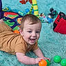 baby, child, toy, play, floor, rug, colorful, ball, smile, happy, indoor, onesie, crawling, baby_gym, soft, orange_ball, green_ball, car_toy, plush, playroom