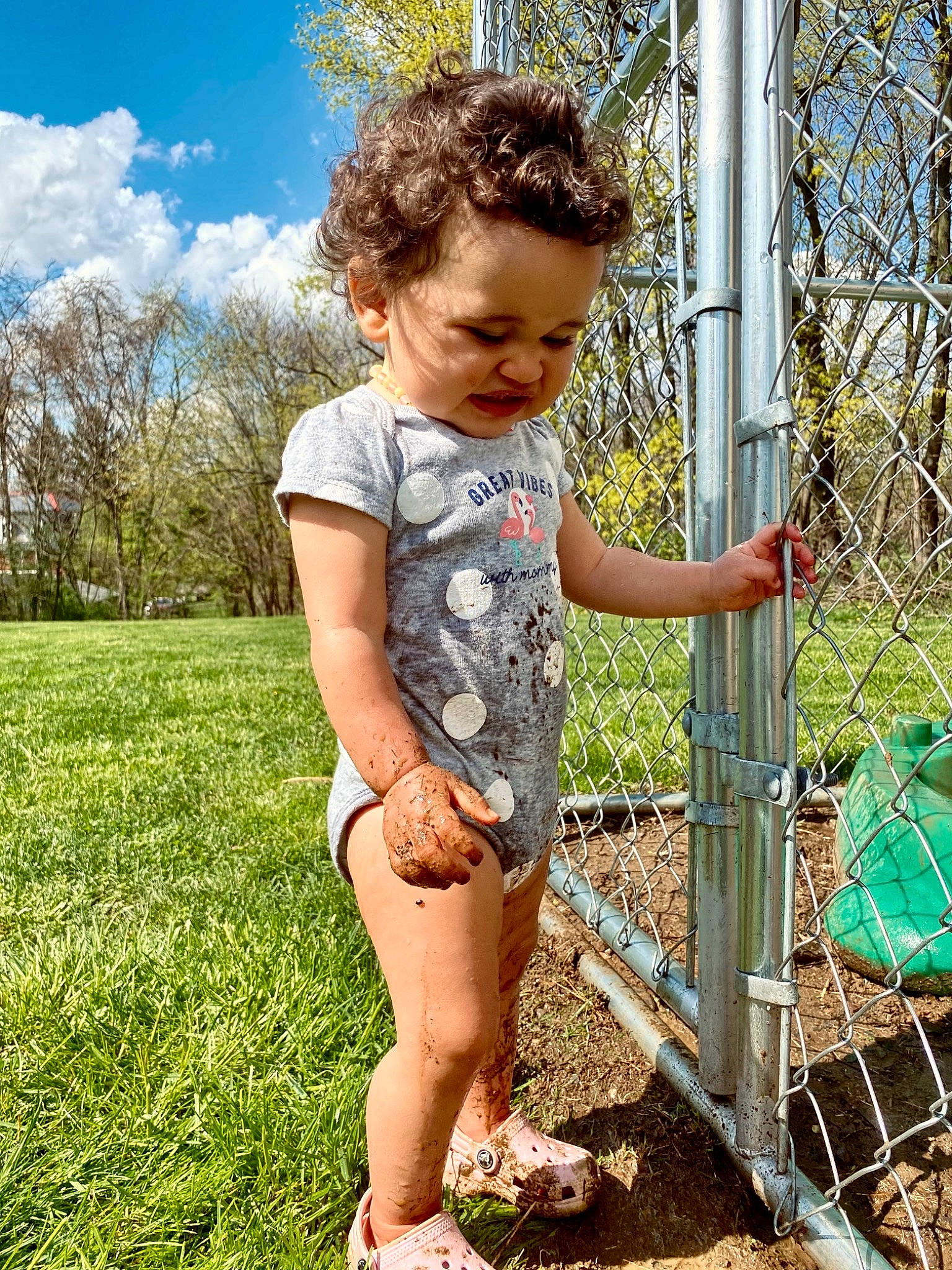 Haisley joined the competition — help win amazing prizes! baby_toddler_clothing, cloud, fence, fun, grass, happy, human_body, human_leg, landscape, leg, leisure, mesh, pattern, people_in_nature, person, plant, recreation, sky, thigh, toddler