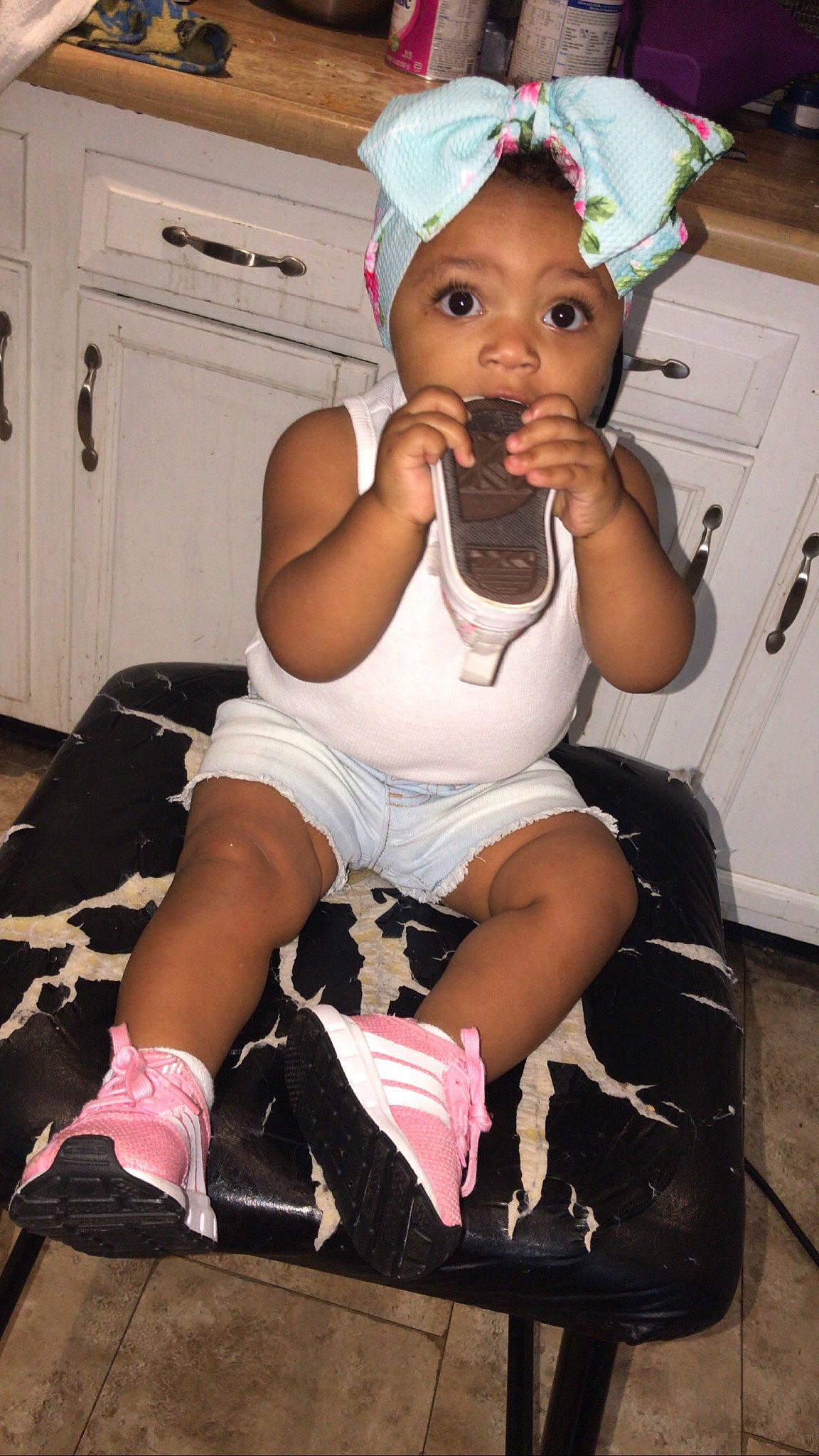Kalliyah joined the competition — help win amazing prizes! baby_toddler_clothing, baseball_cap, black, cap, child, door, elbow, happy, hat, human_leg, knee, leg, neck, person, pink, shoe, shorts, surprise, t_shirt, thigh