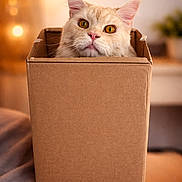 Tae a rejoint le concours — aidez-le/la à gagner de superbes lots ! blanket, bokeh, box, cardboard_box, cat, close_up, cozy, curious, ears, feline, indoor, living_room, pet, pink_nose, portrait, sitting, soft_texture, warm_lighting, whiskers, yellow_eyes