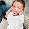 baby, newborn, infant, wrapped, blanket, hands, adult, face, portrait, blue_eyes, cute, soft_focus, skin, peaceful, small_fingers, close_up, human, child, tender, gentle