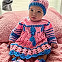 Yareyshka is registered to the contest to win money with this photo: baby, child, crochet, hat, dress, booties, pink, blue, blanket, indoor, portrait, cute, infant, knitwear, sitting, soft_texture, cozy, young_child, warm_lighting, expression